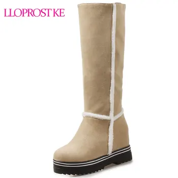 

Lloprost ke 2018 Fashion Punk Mid Calf Riding Boots Platform Faux Fur Warm Snow Boots High Heels Women Knight Boots Brown D549