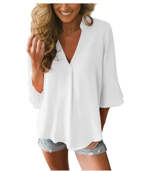 

Women V Neck Ruffle Loose Fit Tops 3/4 Sleeve Office Casual Chiffon Blouse Shirt