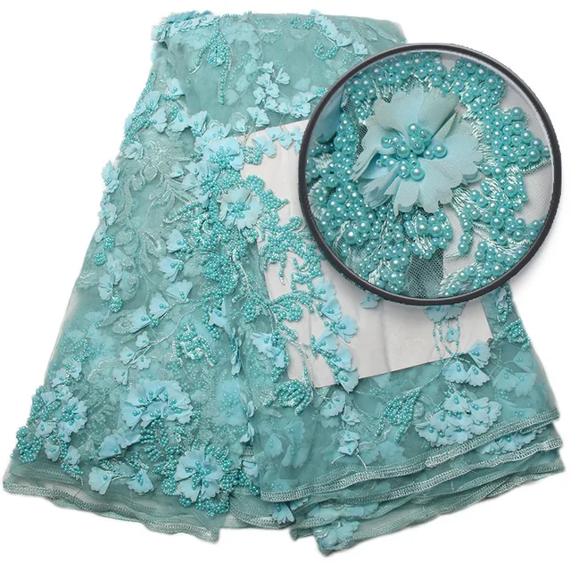 Latest Gold African Net Lace Fabric Applique With Beads Good Quality French Tulle 3d Lace Fabric