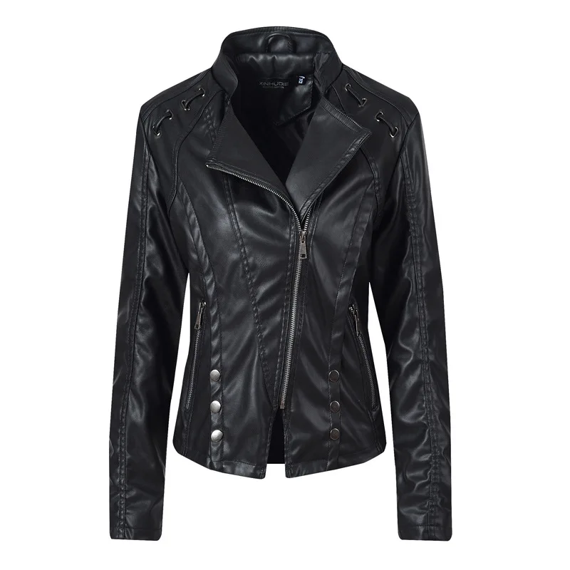 

2019 New Faux Leather Jacket Women Rivets Spring Autumn Black Outwear Fashion High Street Female Pu Leather Motorcycle Jacket