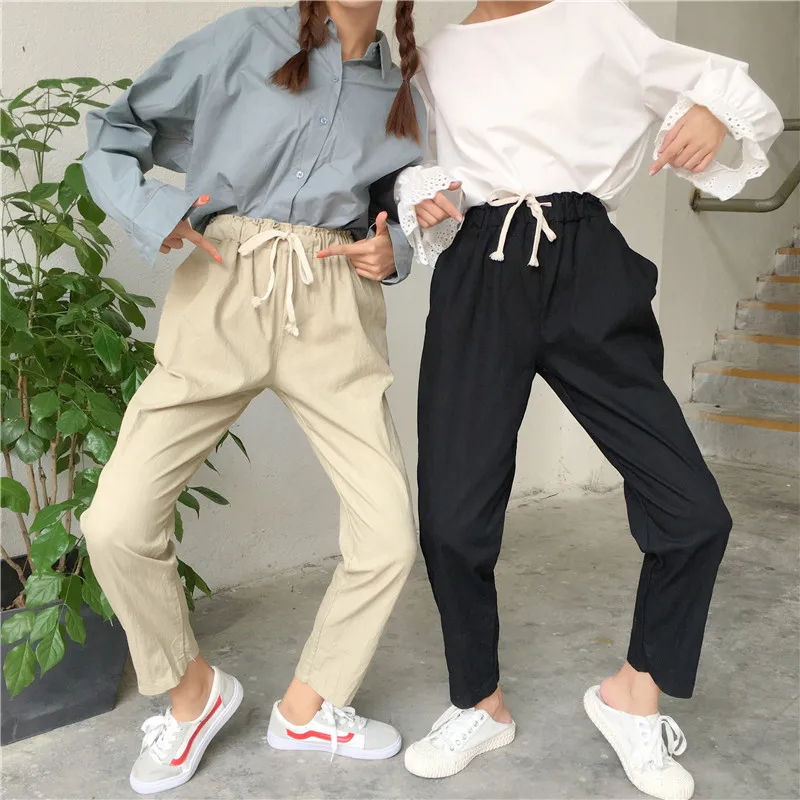 Корейский стиль моды свободные женские брюки Harajuku чистый цвет досуг шнурок брюки студентов высокой эластичной талией черные брюки