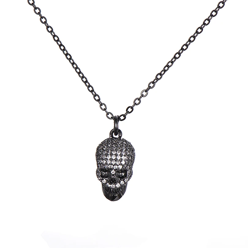 Pipitree, Трендовое ожерелье с кулоном из белого кубического циркония с головой черепа для мужчин и женщин, медная цепочка, Мужская подвеска, ювелирное изделие - Окраска металла: black