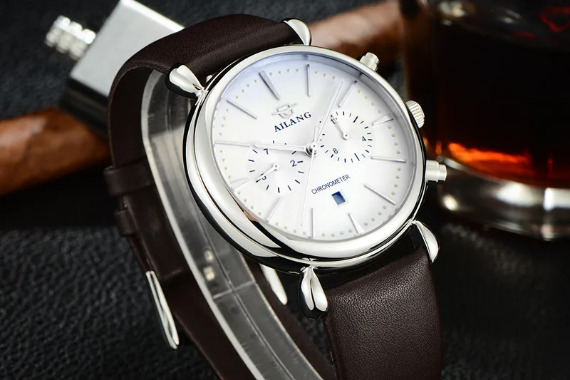 Relogio Masculino AILANG многофункциональные нейтральные часы Montre Homme светящиеся часы с календарем Кожаные Рабочие часы с суб-циферблатом Relojes - Цвет: Brown Silver