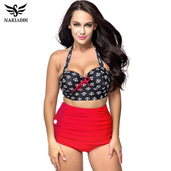 

NAKIAEOI High Waist Swimsuit Plus Size Swimwear Women Vintage Bikini Bathing Suit Retro Bikini Set Large Size Swimsuit L~4XL