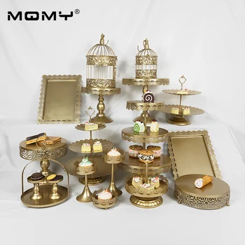 

18 Pcs Wedding Gold Pink White Metal Fruit Crystal Birdcage Set Round Cake Stand