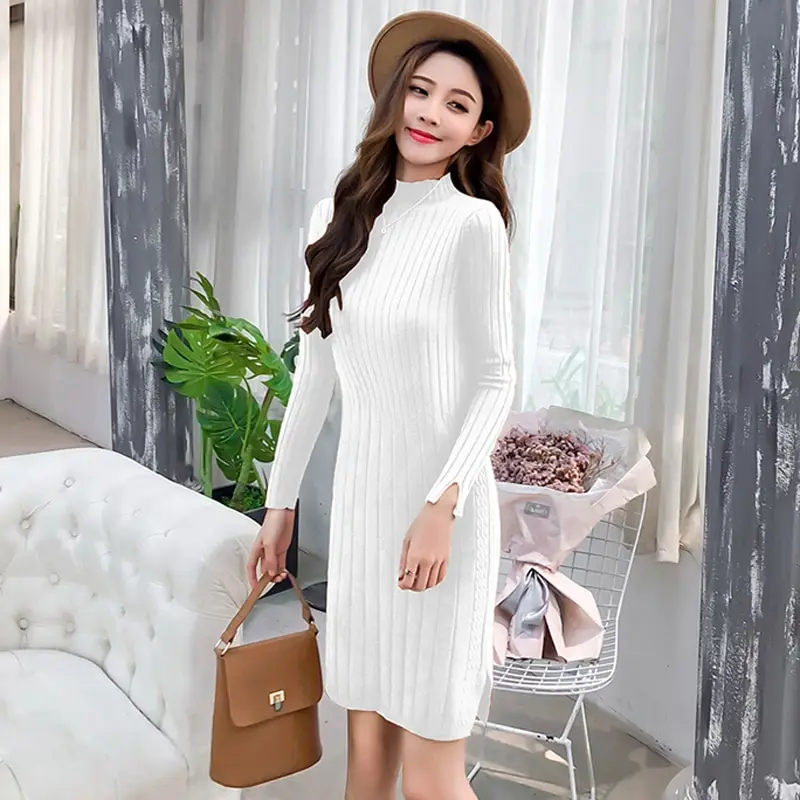 Autumn Winter Women Sweater Dress Stand Collar Split Sleeve Knee-length Knitted Dress Female Elastic Warm Vestidos Elegant