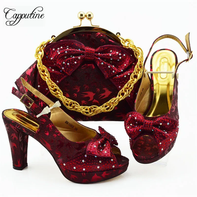 

Capputine Latest African Woman Wine Color Shoes And Bag Set Summer Elegant Pumps 10CM Shoes And Matching Bag Set For Party