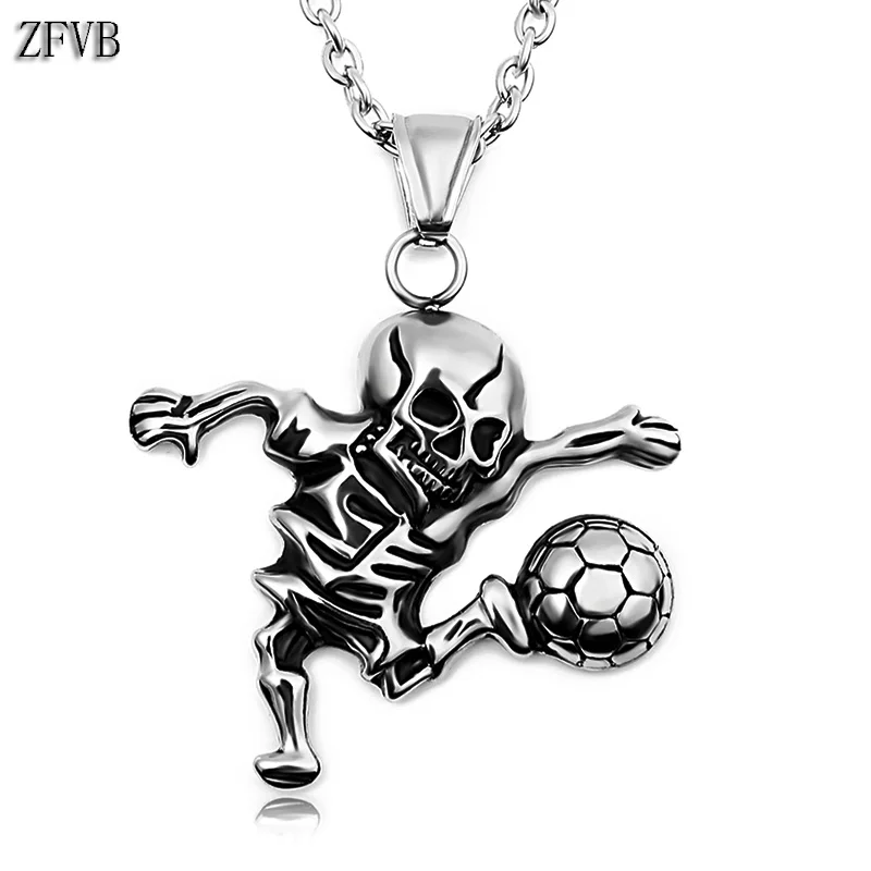 

ZFVB Sporty Skull Football Pendant Necklaces for Mens 316L Stainless Steel Hiphop Punk Skeleton Soccer Pendants Men Jewelry Gift
