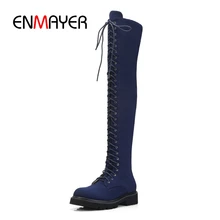 ENMAYER Women boots over the knee boots women round toe lace up stretch fabric flat with boots women platform boots ZYL927 moraima snc spring autumn fashion women riding boots over the knee flat with fringe strap buckle decoration round toe long boots