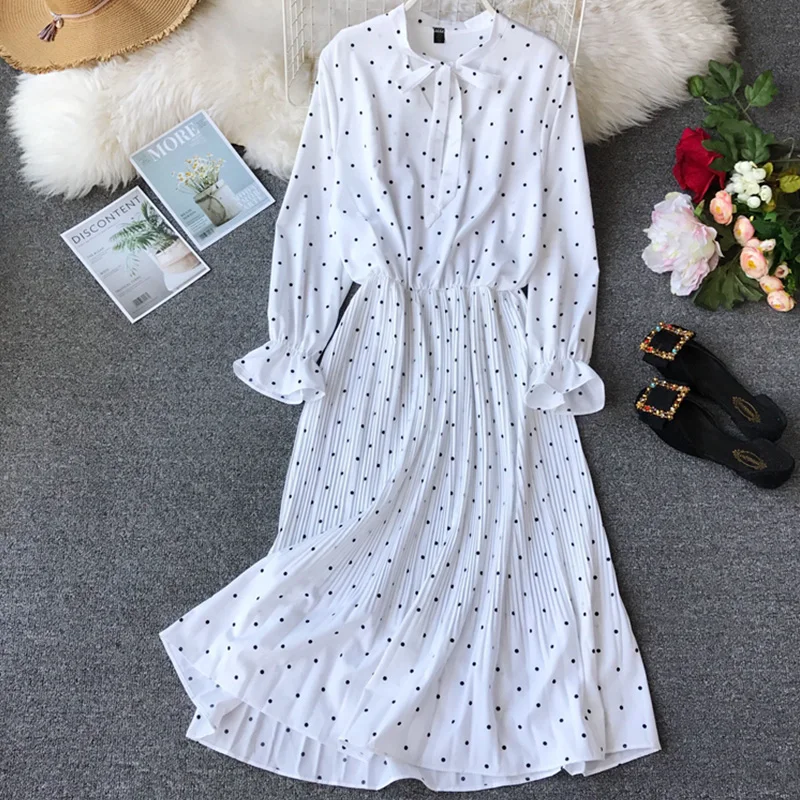 2019 New Spring Autumn Polka Dot Print Chiffon Dress Ruffles Retro Women Long Sleeve Pleated Casual long Vestidos cc451 | Женская одежда