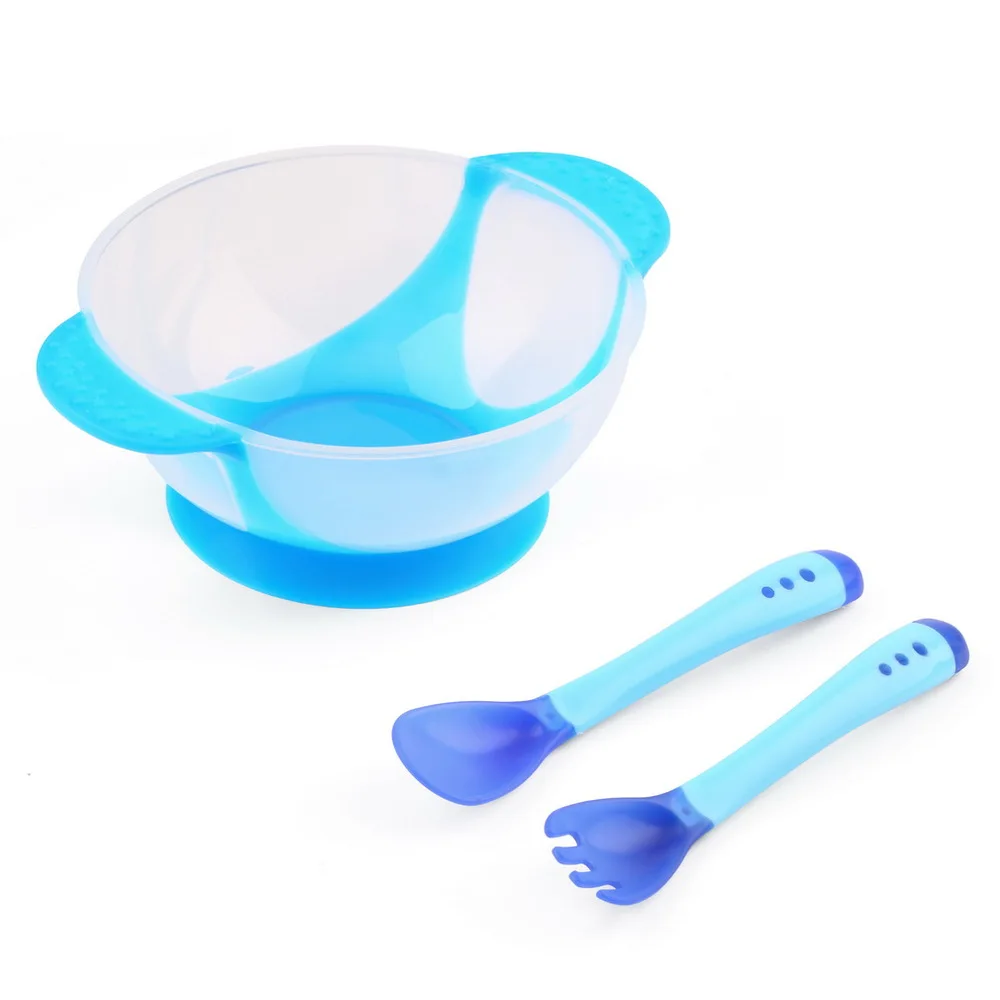 10 шт./лот, детская крышка для кормления, тренировочная миска, ложка, мультяшная бинауральная посуда для кормления детей, детская тарелка, миска на присоске - Цвет: Blue