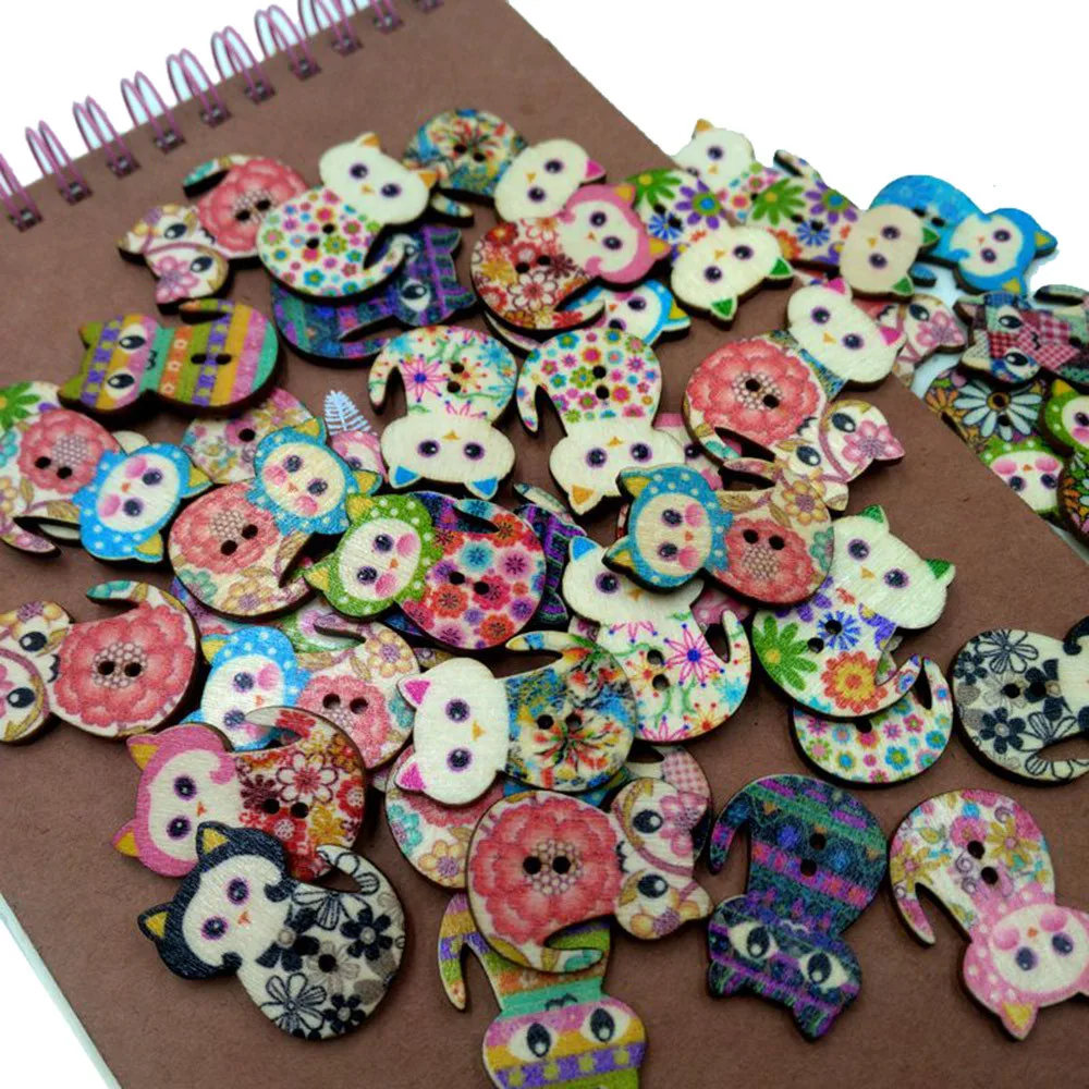 

100Pcs Mixed Wooden Buttons Handmade 2 Holes Cartoon Cat Decorative Button for Needlework Accessories ornaments sew button F22#5