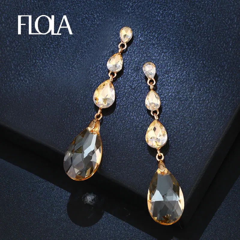 FLOLA Luxury Fashion Statement Water Drop Earring For Women Long Pendant Dangle Champagne Crystal Jewelry Brincos ersm55 | Украшения и