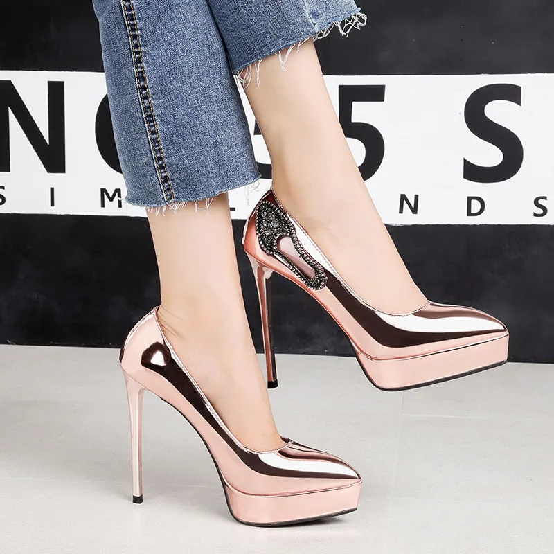 

2018 Women Extreme 12cm High Heels Scarpins Gold Silver Pumps Female Fetish Crystal Glitter Heels Lady Wedding Platform Shoes