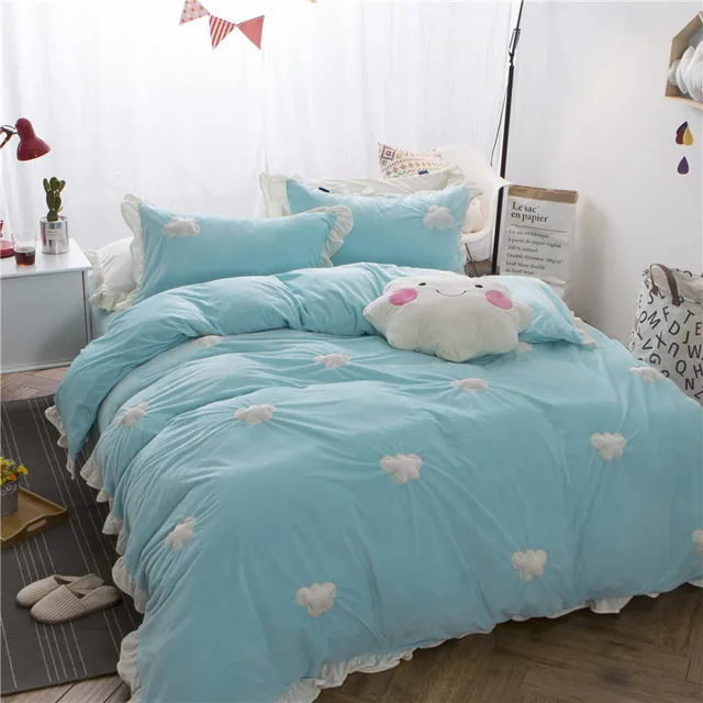 clouds patch cute thick fleece winter bedding set girls king queen winter bedding sheets