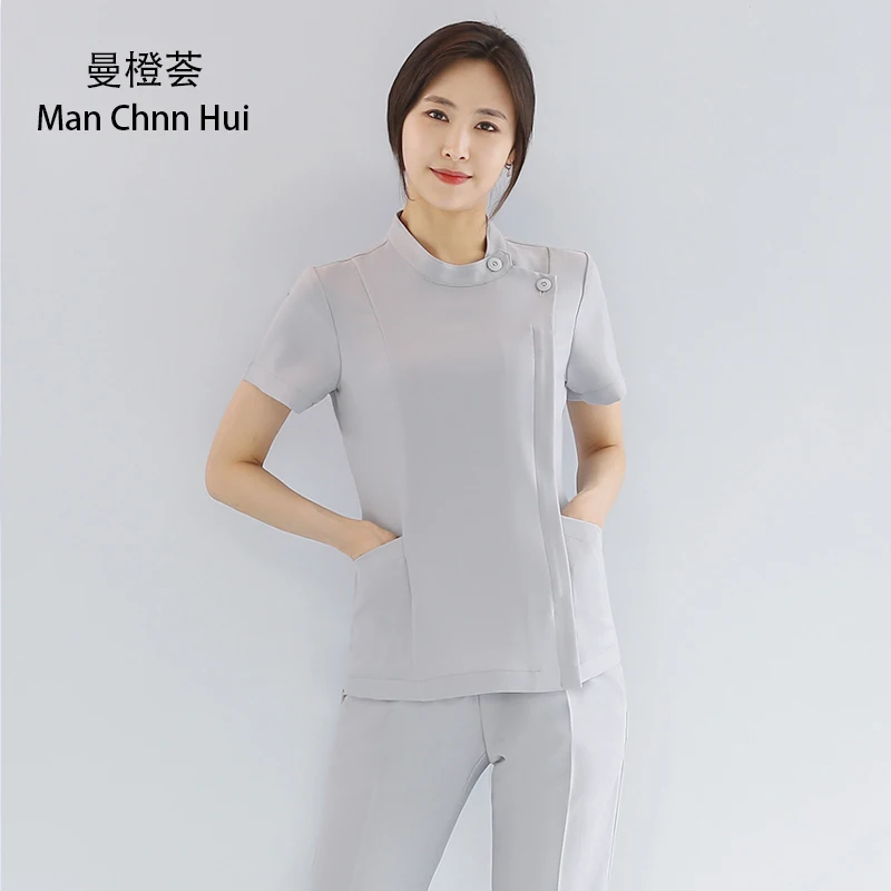 

slim fit overalls beautician beauty salon work clothing health museum SPA technician suit womens elegant quality tops+pants set