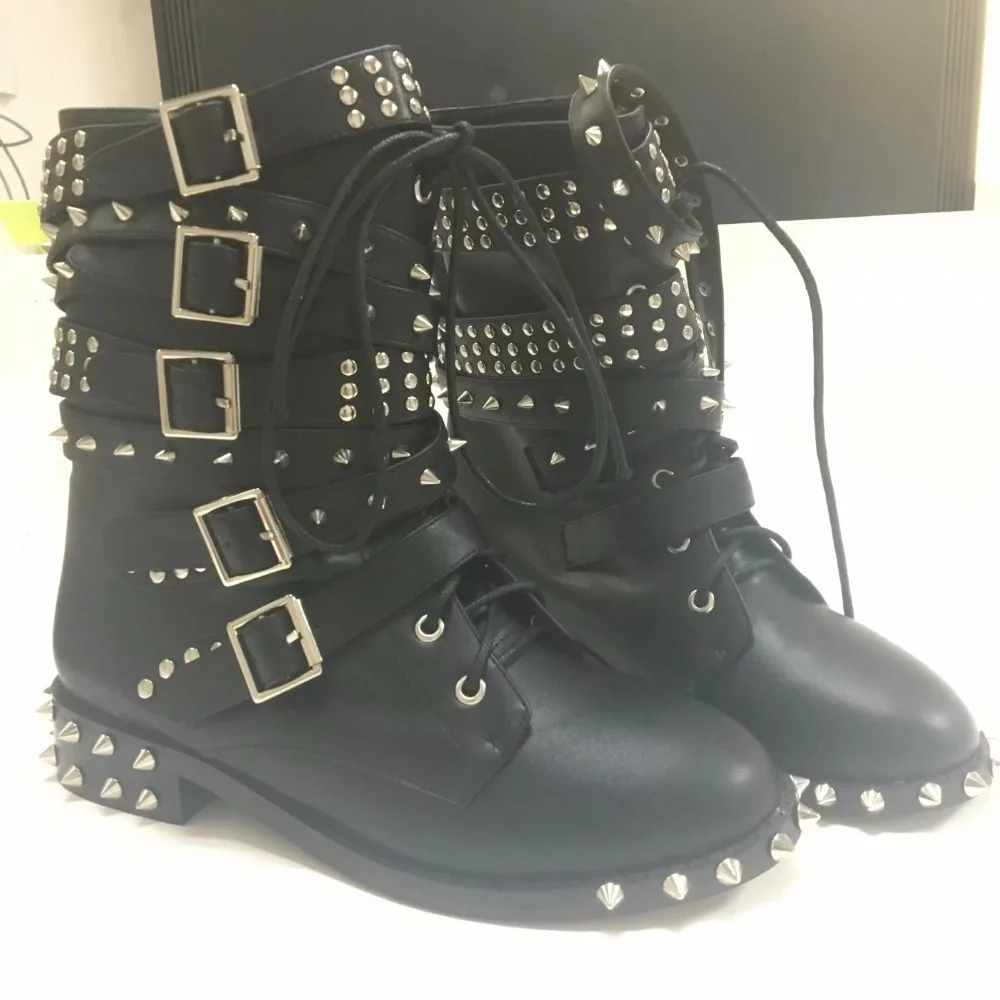 Women Ankle Boots Rock Punk Spikes Shoes Rivets Short Platform Flat ...