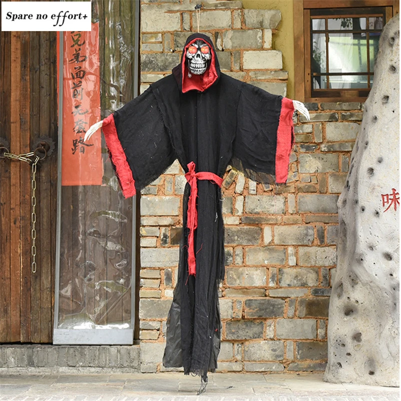 

1.8m Animated Skeleton Halloween Scary Ghosts Light Up Eyes Voice Control Electric Halloween Hanging Ghosts Haunted Party Decor