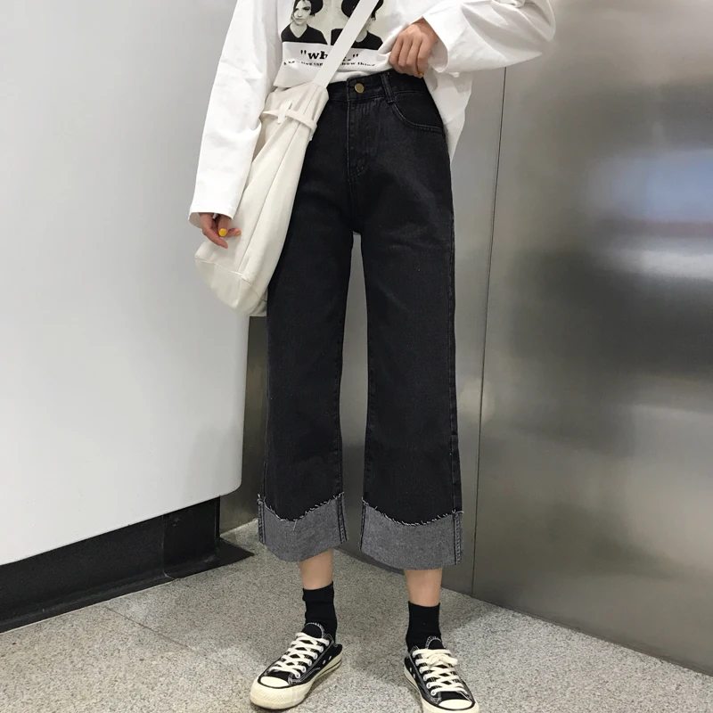 Джинсы женские свободные Harajuku средняя талия широкие ноги корейские повседневные студенческие простые черные джинсовые брюки