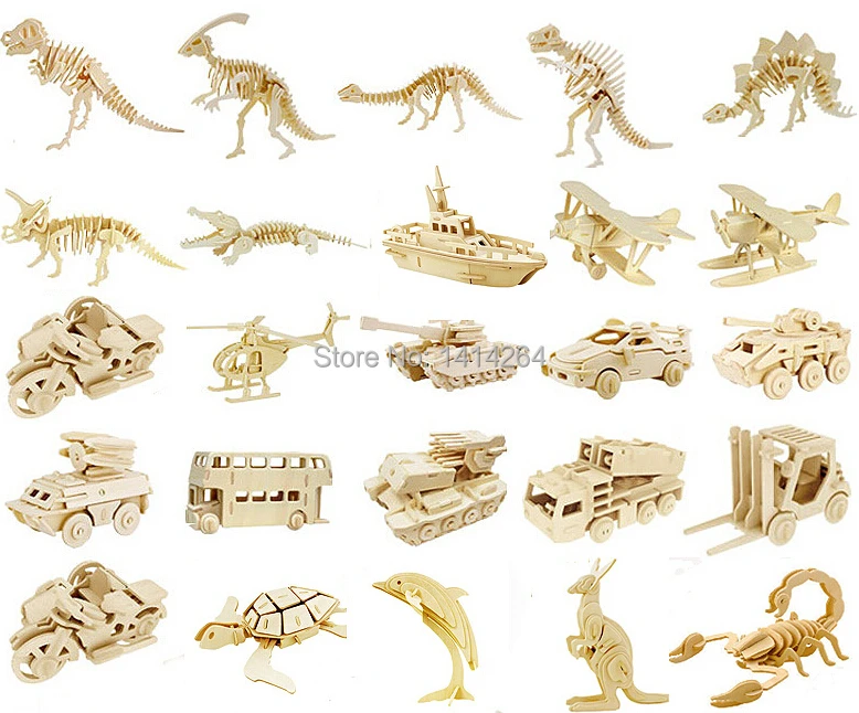 4PCS LOT Animal Plane Dinosaur Wooden 3D Puzzle Kids Model Building Kits Educational Toy for Children