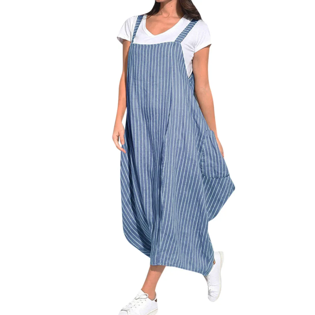 

Vintage Casual Sundress Female Beach Dress Sleeveless Loose Striped Print Strap Women Dress Summer 2019 Boho Pocket Irregular#30