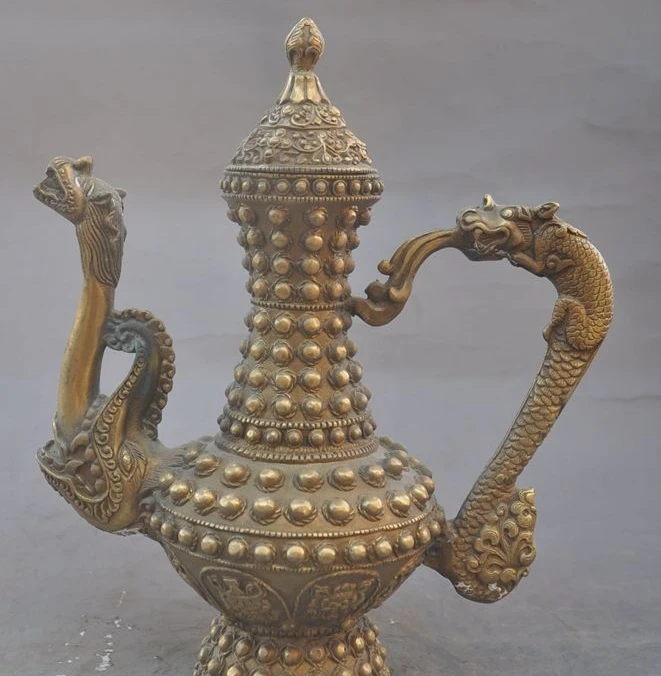 

11"Chinese Brass dragon head animal beast statue Teapot Wine Tea Pot Flagon