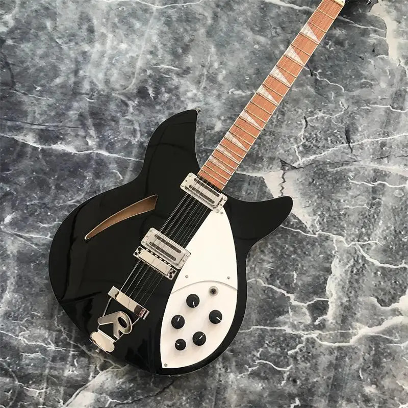

39 inch black 12-string guitar, Rickenback 360 electric guitar, two output, mahogany fingerboard paint gloss.