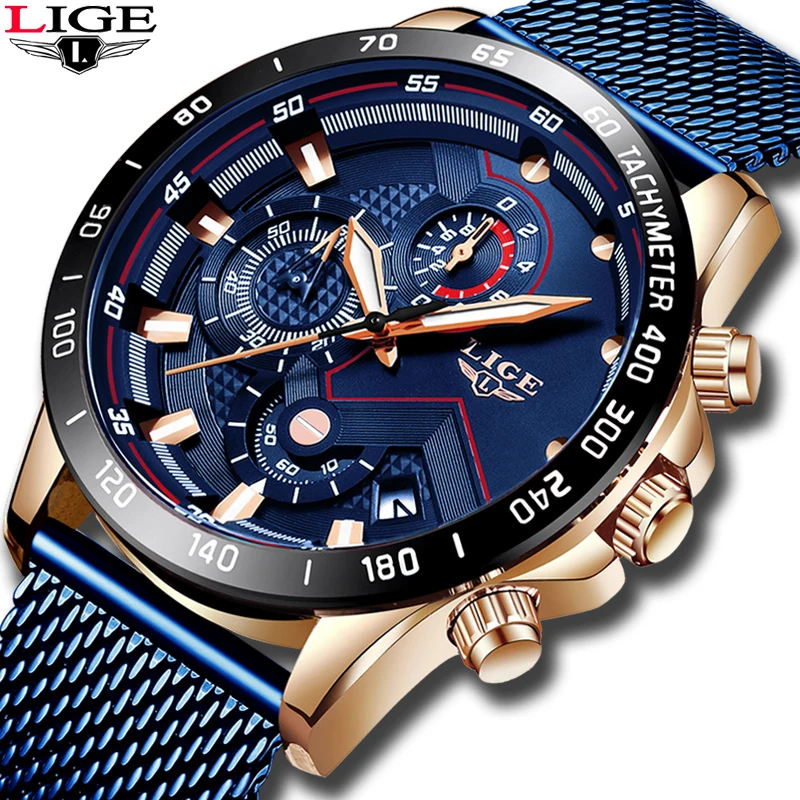 

2019 New LIGE Blue Casual Mesh Belt Fashion Quartz Gold Watch Mens Watches Top Brand Luxury Waterproof Clock Relogio Masculino