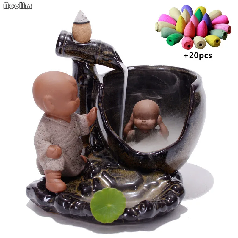 

Ceramic Little Monk Backflow Incense Burner Home Decor Small Buddha Incense Holder Aromatherapy Censer + 20Pcs Incense Cones