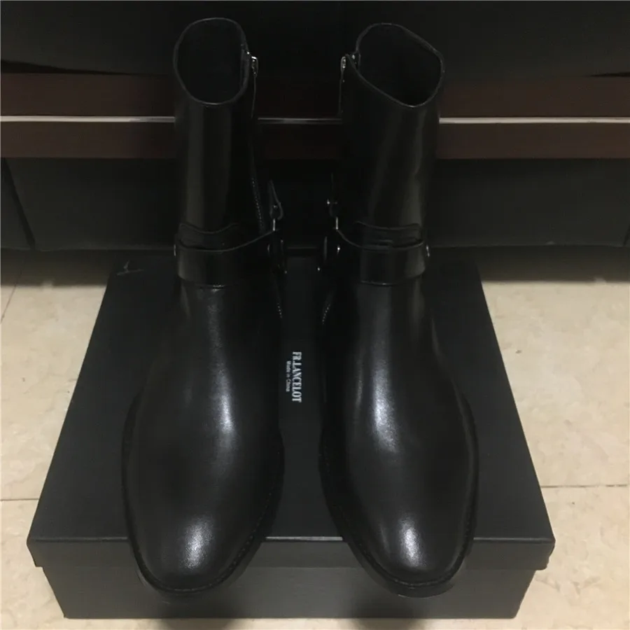 Real Picture High End Handmade Cowhide Classical Black Side Zipper Wedge Wyatt Harry Men Boots Ankle Strap Denim Chelsea Boots real picture luxury handmade classical wyatt homme harness high top chelsea men boots wedge real cow leather suede boots