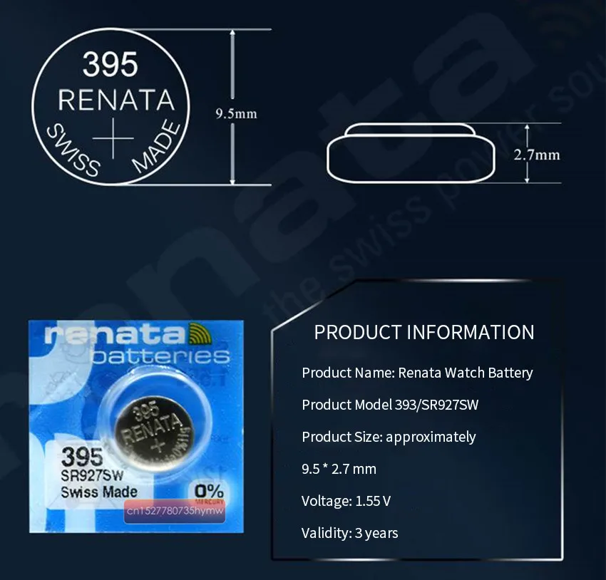 5 шт. Renata 395, оксид серебра часы батарея длительный SR927SW LR57 LR927 AG7 Кнопка монета ячейка