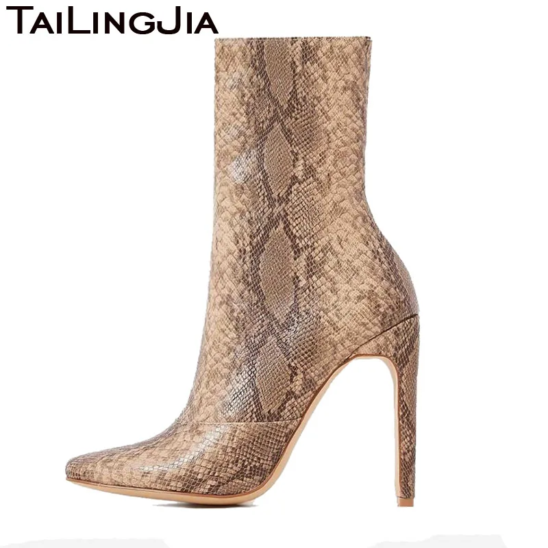 

Natural Snake Embossed High Heel Woman Short Boots Women Ankle Boots Zipper Sexy Ladies Pointed Toe Brand Party Wedding Shoes