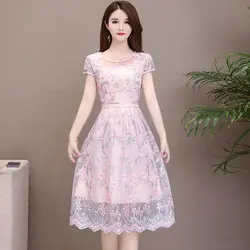 2019 летняя Цветочная вышивка, Сетчатое платье, женское платье с круглым вырезом и коротким рукавом, винтажное женское Повседневное платье