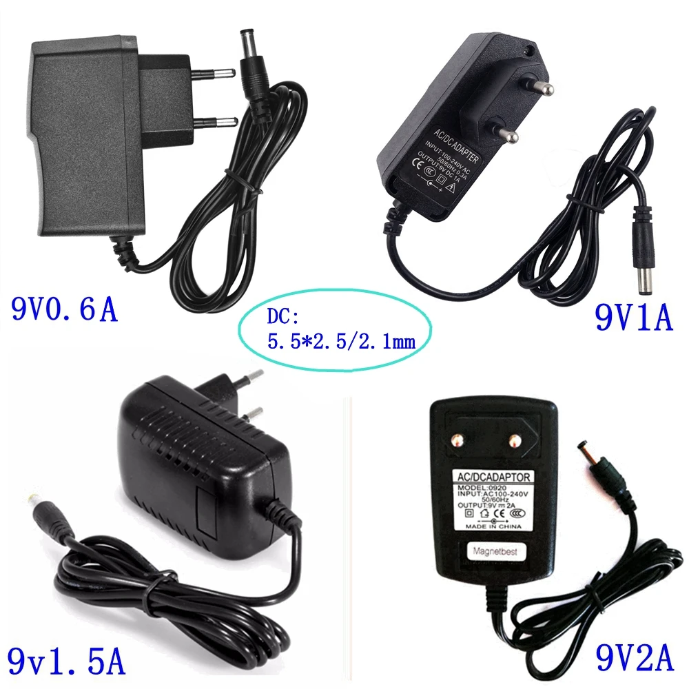 

1PC 100-240V AC to DC Power Adapter Supply Charger adapter 9V 0.6A 1A 1.5A 2A EU US Plug DC:5.5mm x 2.5mm/2.1mm