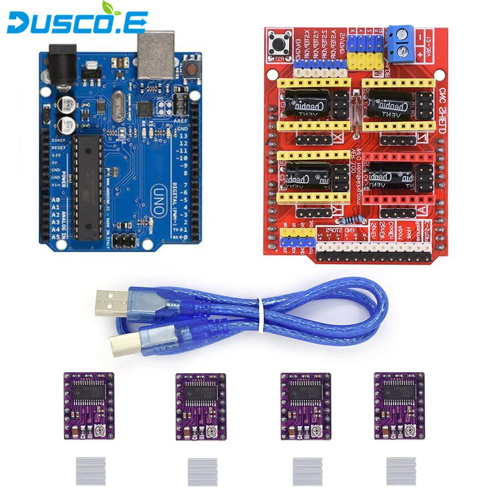 4 x DRV8825 Драйвер шагового двигателя с радиатором+ плата расширения щита с ЧПУ+ плата UNO R3 USB кабель Наборы для Arduino 3d принтера