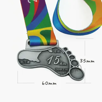 

Custom Metal Medal with Plating Pewter Color Medal 15KM Walk Medal Shape of Foot Design