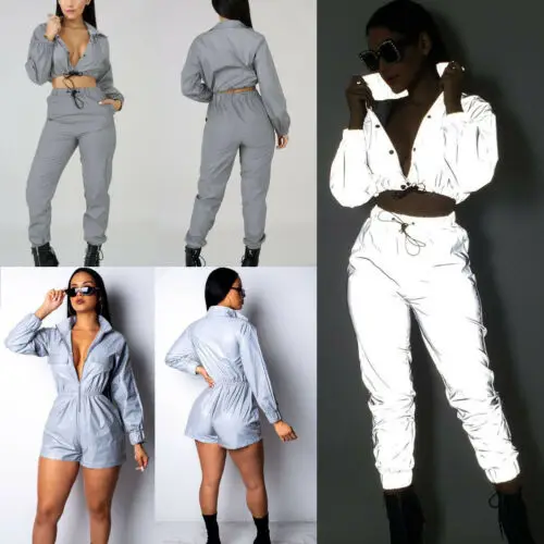 

2019 Fashion Women Reflective 2Pcs Outfits Crop Tops Long Pants Sets Two Piece Clubwear Jumpsuit Playsuit