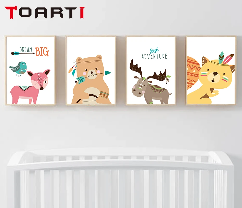 Cartoon Bear Deer Fox Dream Canvas Art Painting  (4)