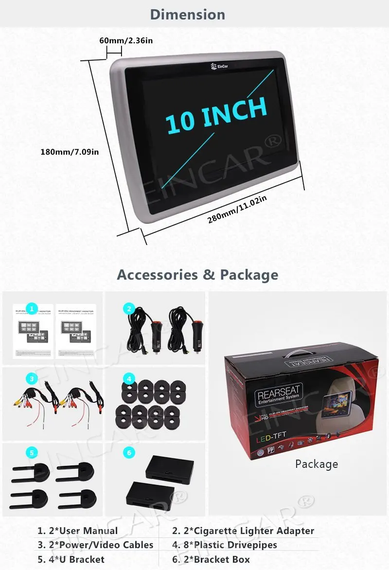 Best Eincar Newest Car Headrest 2x10.1" 1024x600 High Digital Screen Key controller Dual Twins HD Digital Screen Car Pillow Monitor R 2