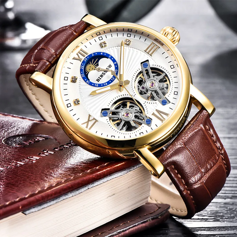 BINSSAW الميكانيكية الرجال ووتش التلقائي توربيون الأعمال المعصم جلدية القمر المرحلة Reloj جديد الساعات Montre أوم 2018