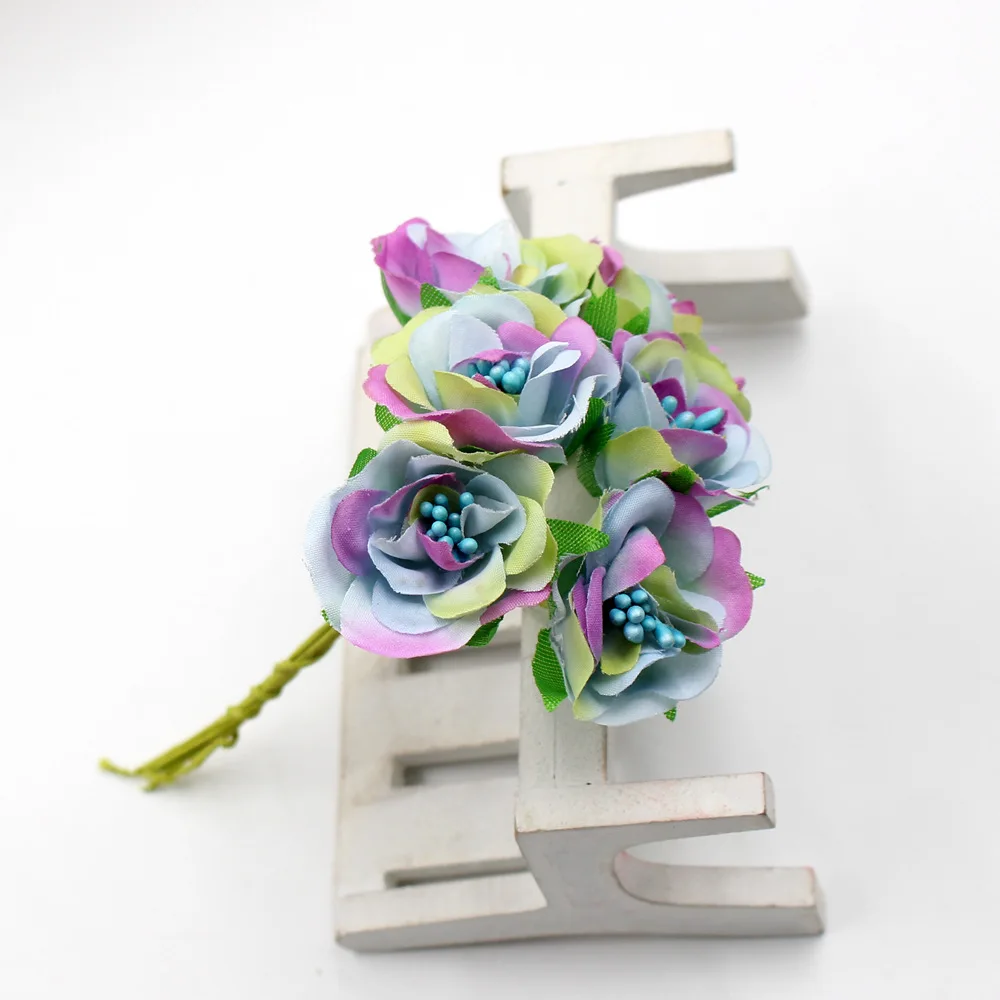 6 шт./лот 3 см искусственный цветок шелк тычинки букет из роз для свадьбы украшение дома DIY гирлянда скрапбук Подарочная коробка ремесло цветок - Цвет: Синий