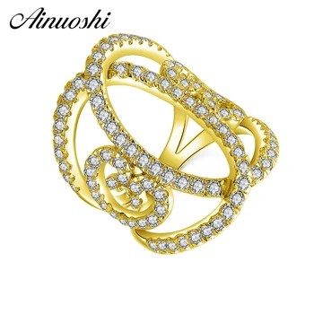 

AINUOSHI 14K Solid Yellow Gold Flower Hollow Band Cluster CZ Multi Layer Twist Bague Wedding Engagement Ring for Women Jewelry