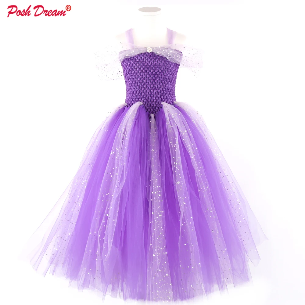 Шикарный мечта фиолетовый блестящие Тюль Девушки платье-пачка для День рождения ботильоны Длина От 1 до 14 лет принцесса девушки цветка свадебные платья