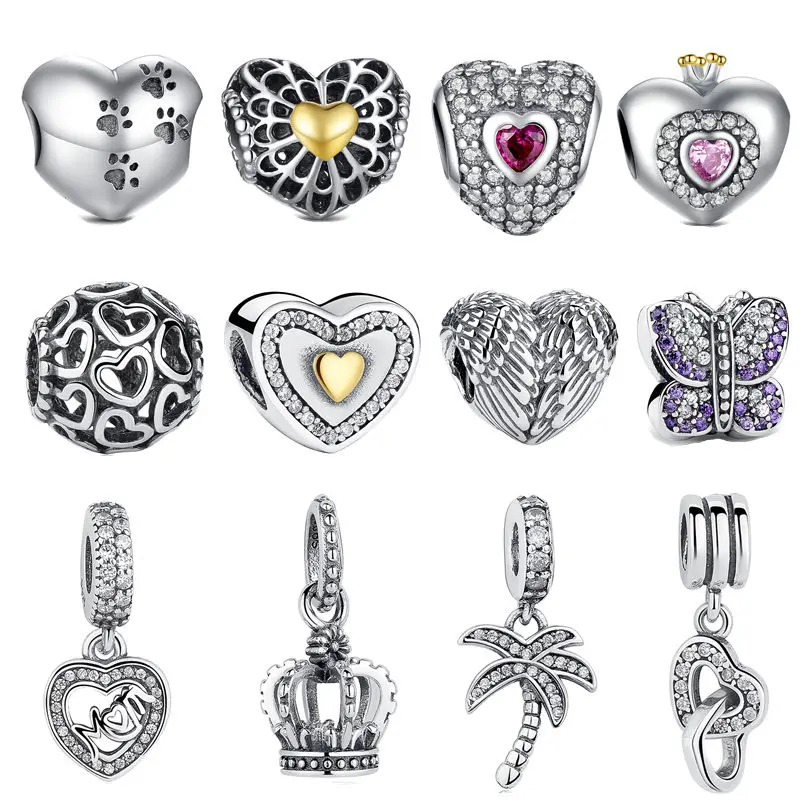 

fit Pandora Bracelet Vintage Wing Beads 925 Sterling Silver Crown Hollow Golden Heart CZ Tree Charm Teen Girl DIY Jewelry Making