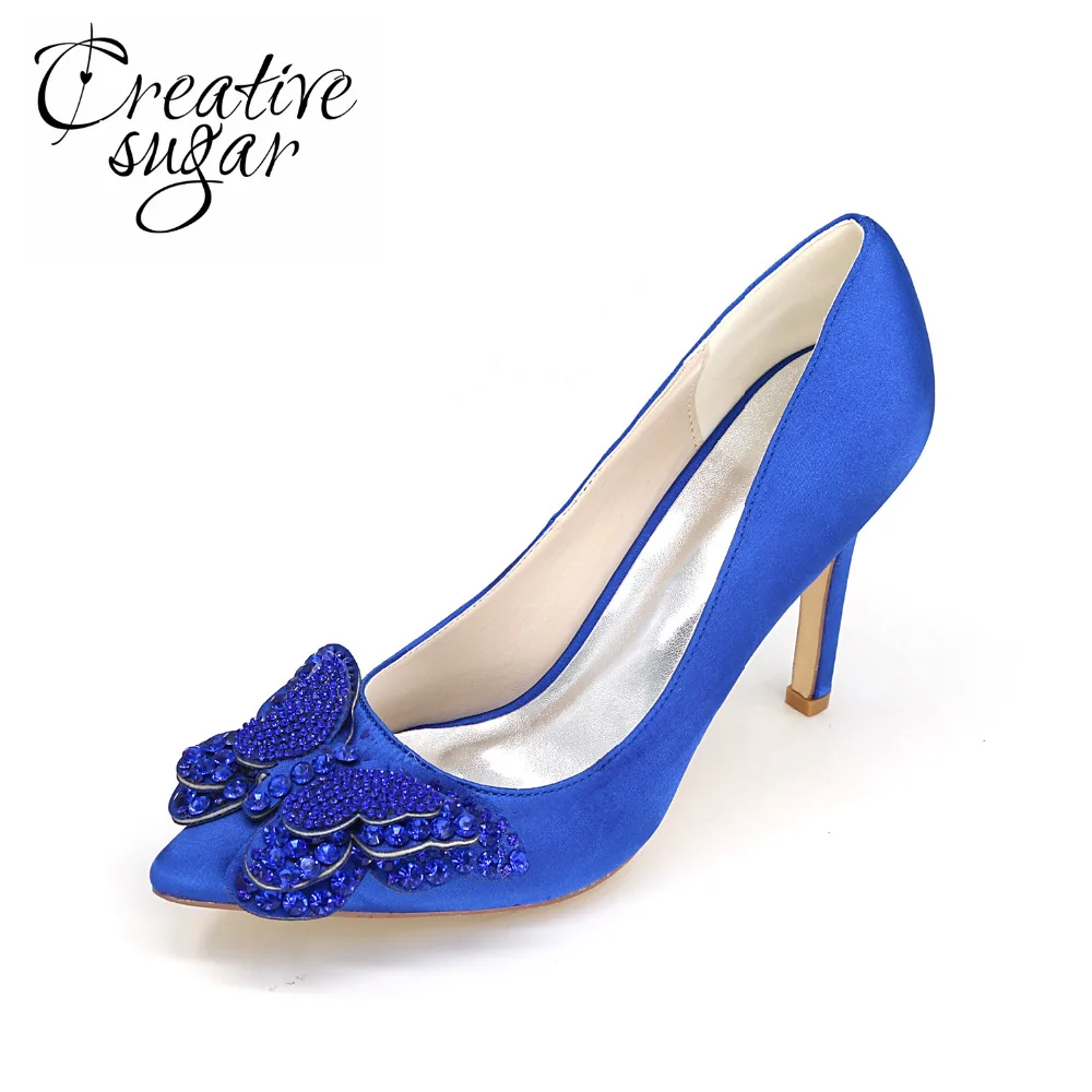Creativesugar lady pointed toe satin dress shoes crystal 3D butterfly ...