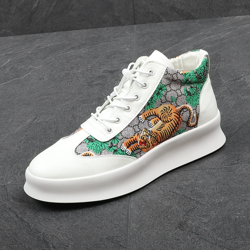 Приятная панда Новый Элитный бренд Для мужчин модные высокие кроссовки с принтом тигра Повседневное высокая обувь Для мужчин Эластичная