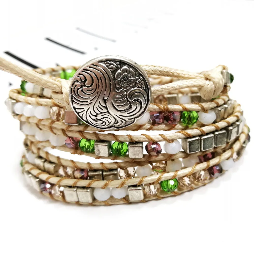 

Yuteng 5 Row Natural Stone Handmade Leather Wrap Bracelet Genuine Leather 4mm Pyrite Cuff Bracelet Unisex LL8235