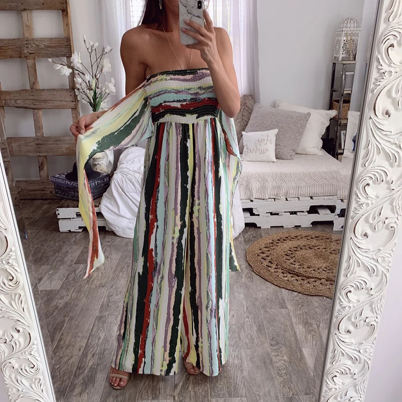 Sexy Women Rainbow Colorful Print Sleeveless Casual Bandeau Lace Up Wide Leg Jumpsuit Hot Summer Beach Holiday Boho Jumpsuit Sexy Women Rainbow Colorful Print Sleeveless Casual Bandeau Lace Up Wide Leg Jumpsuit Hot Summer Beach Holiday Boho Jumpsuit