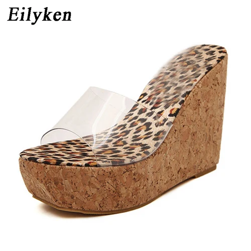Eilyken/Новинка года; Летние прозрачные босоножки на танкетке; модная женская обувь на высоком каблуке; женская летняя обувь; размеры 34-40 - Цвет: Leopard grain