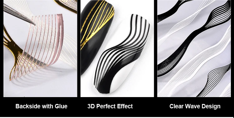 1 лист клей золотой черный металлический стикер для ногтей 3D волнистый дизайн металлические наклейки изогнутая линия Шарм маникюр Дизайн ногтей украшения